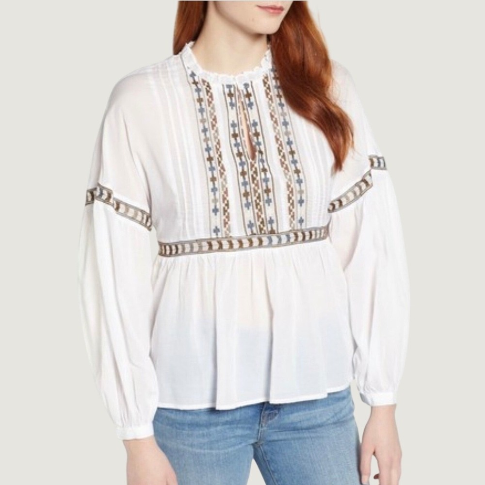 Lucky Brand Embroidered Peasant Blouse, XS, Bohemian, Cottagecore, Feminine